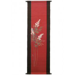 Hand painted red and purple hemp tapestry with leaves and berries pattern, SHIRO NANTEN, 45x150cm