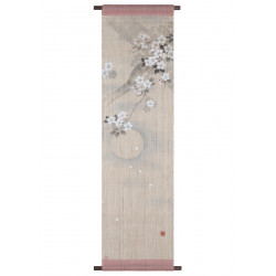 Tapiz de cáñamo beige y rosa pintado a mano con flor de cerezo y patrón de luna, YOI NO TSUKI, 36x130cm