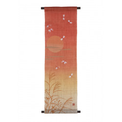 Hand painted orange and beige hemp tapestry dragonfly pattern, AKANENOTOKI, 30x100cm