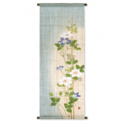 Hand painted blue and beige hemp tapestry white and purple flowers pattern, MURASAKI HAKU TETSUSEN, 60x120cm