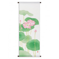Hand painted beige hemp tapestry with lotus and water lilies, HASUMI NO ASA, 45x120cm 