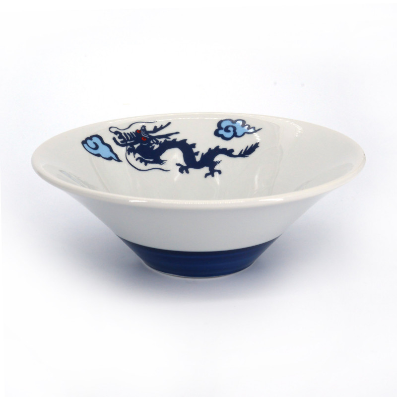 Japanese white ceramic ramen bowl, RYU, blue dragon and clouds