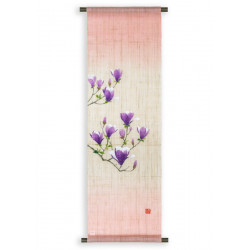 Hand painted beige hemp tapestry with purple and white flowers pattern, MOKUREN, 30x100cm