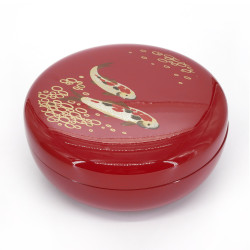Japanese red round resin storage box with koi carp pattern, NISHIKIKOI, 19cm
