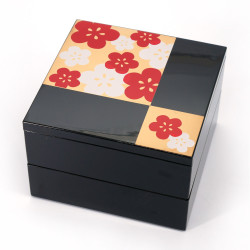 Grande boîte à repas jyubako noire en résine motif fleurs de cerisier, SAKURA, 19.6x19.6x12.5cm