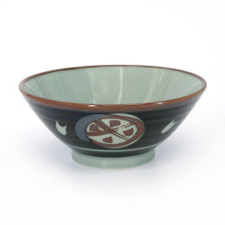 Small Japanese ceramic ramen bowl, dark blue-green, wave and igeta patterns, NAMIGETA