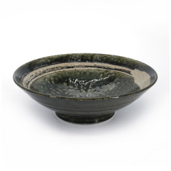 Japanese green ceramic ramen bowl, UZUMAKI, beige brush