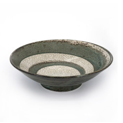 Japanese beige and green ceramic ramen bowl, NARUTO, green swirl