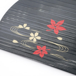 Black semi-rounded sushi tray in resin with maple leaves and cherry blossoms, MOMIJI SAKURA, 24 cm