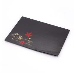 Black rectangle sushi tray in resin with maple leaves and cherry blossoms, MOMIJI SAKURA, 25.5 cm