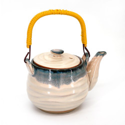 Japanese ceramic teapot with handle, KOTAI, cream color with blue drips