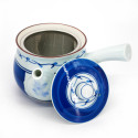Tetera de cerámica japonesa kyusu, TSURU SHOKUBUTSU, blanca y azul