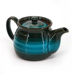 Japanese ceramic teapot with handle, IKIWATARU, black and blue line