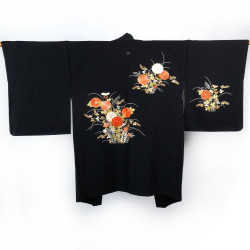 Vintage black Japanese haori, wild flowers design, YASEI NO HANA