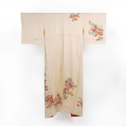 Kimono giapponese di raso beige vintage, disegno di fiori, ORENJI