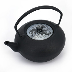 Japanese prestige cast iron round teapot with ceramic lid, CHÛSHIN KÔBÔ HIRATSUBO, Waves