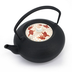Runde Teekanne aus japanischem Prestige-Gusseisen und Keramikdeckel, CHÛSHIN KÔBÔ HIRATSUBO, Goldfische
