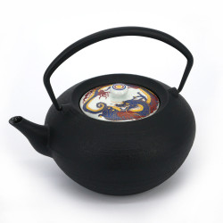 Japanese prestige cast iron round teapot with ceramic lid, CHÛSHIN KÔBÔ HIRATSUBO, Dragon