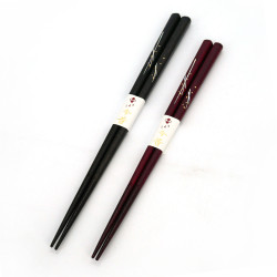 Pair of Japanese chopsticks in red or black natural wood, WAKASA NURI KAZE, 21 or 23 cm