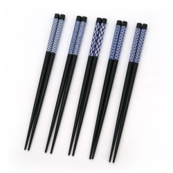Set de 5 paires de baguettes japonaises noires motifs bleus, AOBAOI, 22,5cm 