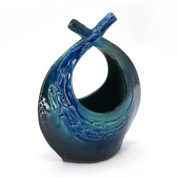 Vaso Ikebana in ceramica giapponese, forma di cestino, blu e nero, SHIGARAKIYAKI
