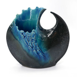 Vaso giapponese in ceramica Ikebana, movimento a onda, blu e nero, SHIGARAKIYAKI