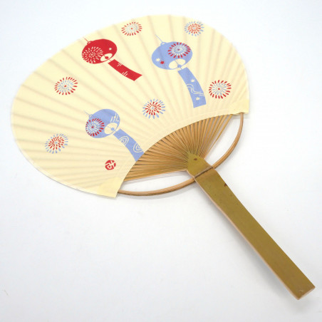 Japanese non-folding uchiwa fan in paper and bamboo with wind chime pattern, FURIN, 31x21.5 cm
