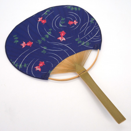 Japanese non-folding uchiwa fan in paper and bamboo with fish and plant motif, SAKANA KOJO, 31 x 21.5 cm