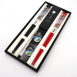 Set of 2 pairs of Japanese chopsticks and 2 chopstick holders in acrylic and resin with red and black flower motif, HANA N°2