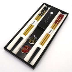 Set de 2 paires de baguettes japonaises et de 2 porte-baguettes en acrylique et résine motif fleur de cerisier rouge et noir, SA