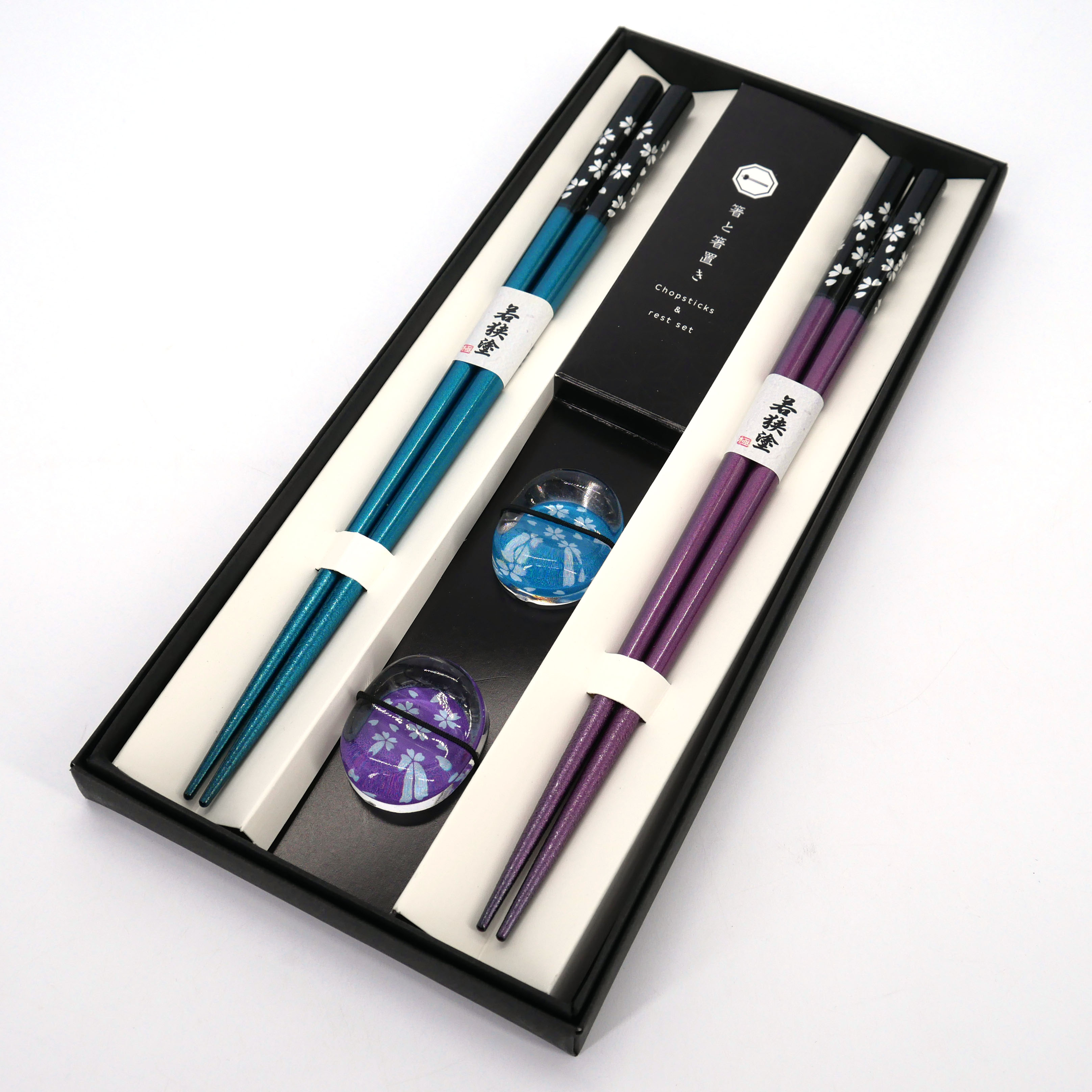 Set de 2 pares de palillos japoneses y 2 porta palillos en acrílico y  resina con estampado de flor de cerezo azul y violeta, SAK