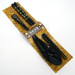 Pair of matching black acrylic and resin chopsticks and spoon set, HANA