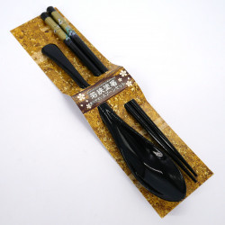Pair of matching black acrylic and resin chopsticks and spoon set, ZUGAIKOTSU