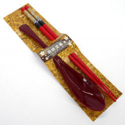 Set paio di bacchette e cucchiaio in acrilico rosso abbinato e resina, ZUGAIKOTSU AKA