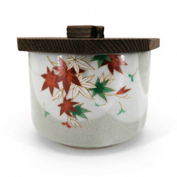 Cuenco de cerámica japonés gris con tapa de madera, TATTAGAWA, momiji