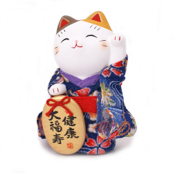 chat porte-bonheur japonais Manekineko kimono en céramique 7418