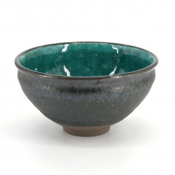 Japanese bowl for ceramic tea ceremony, KURO TAKOIZU, turquoise and black