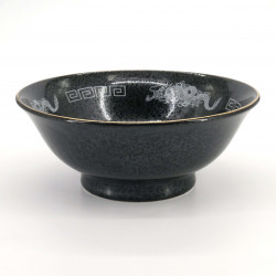 Cuenco japonés de ramen de cerámica negra, dragón blanco, DORAGON