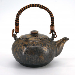 Japanische Teekanne aus brauner Keramik mit Griff in Bronzeoptik