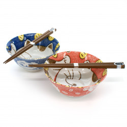 set de 2 bols de riz traditionnels japonais avec images de chat et paires de baguettes NEKO
