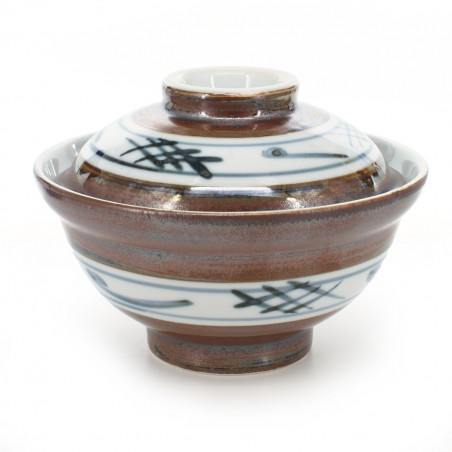 Ciotola in ceramica giapponese con coperchio, SABI IGETA, marrone e bianco